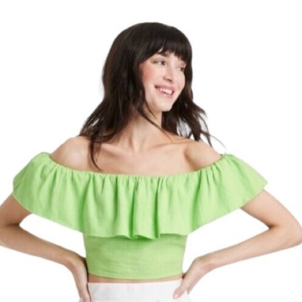 Slim Off Shoulder Ruffle Sleeve Linen Blend